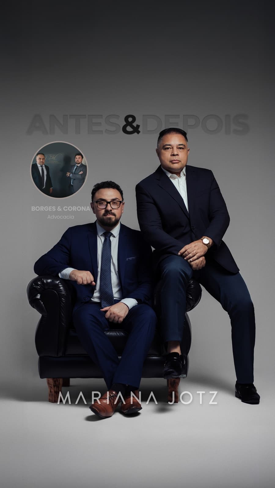 Antes e depois do retrato dos sócios de Borges e Corona Advocacia