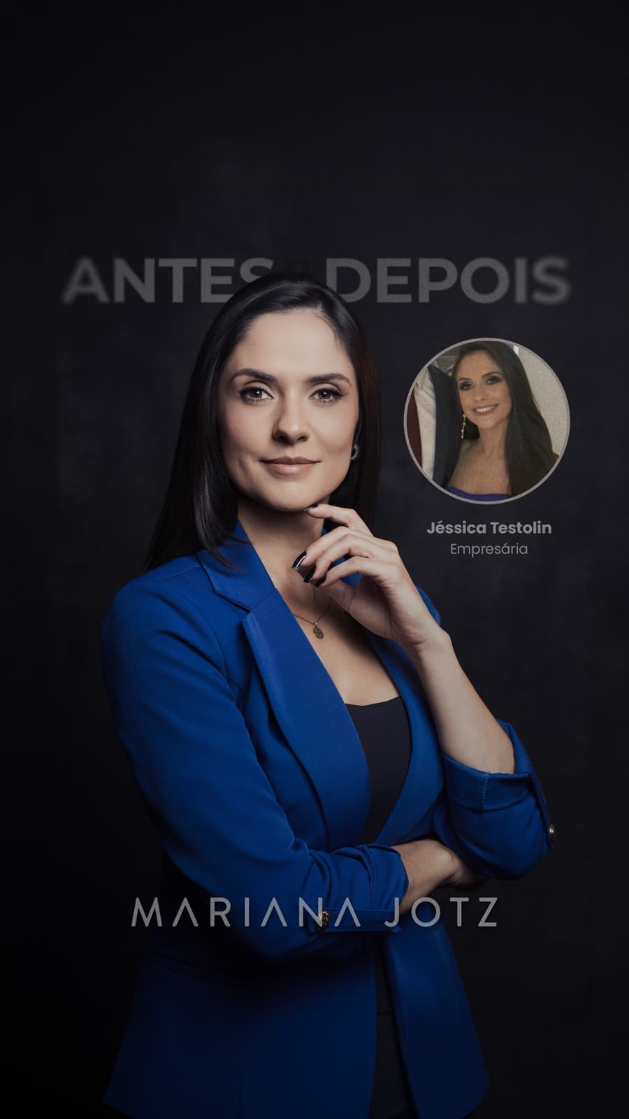 Antes e depois do retrato de marca pessoal de Jéssica Testolin